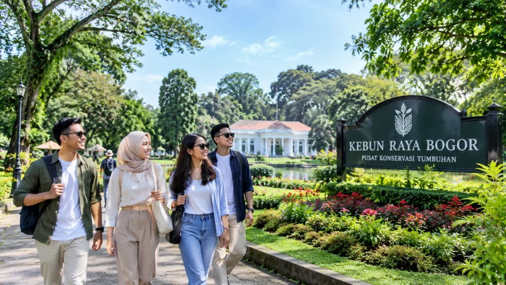 paket city tour Bogor 1 hari dengan Kebun Raya Bogor, taman hijau, dan wisatawan.
