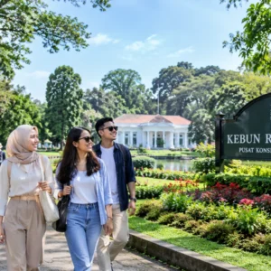 paket city tour Bogor 1 hari dengan Kebun Raya Bogor, taman hijau, dan wisatawan.