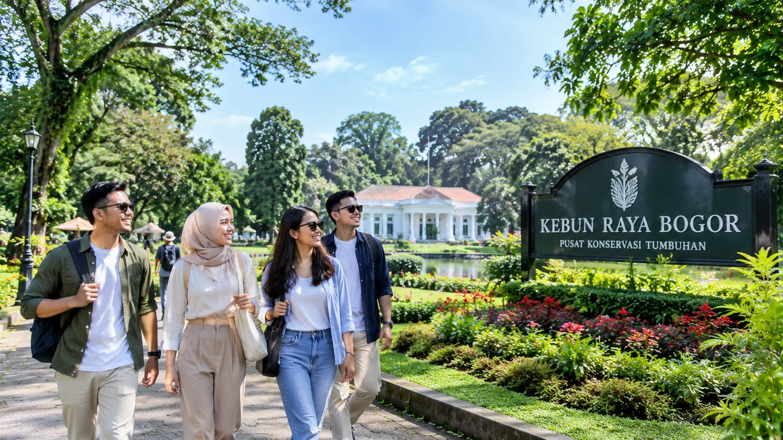 paket city tour Bogor 1 hari dengan Kebun Raya Bogor, taman hijau, dan wisatawan.
